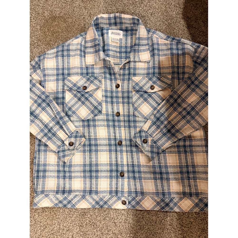 Boston Traders Womens XXL Blue Plaid Shacket Button Up Textured Shirt Jacket